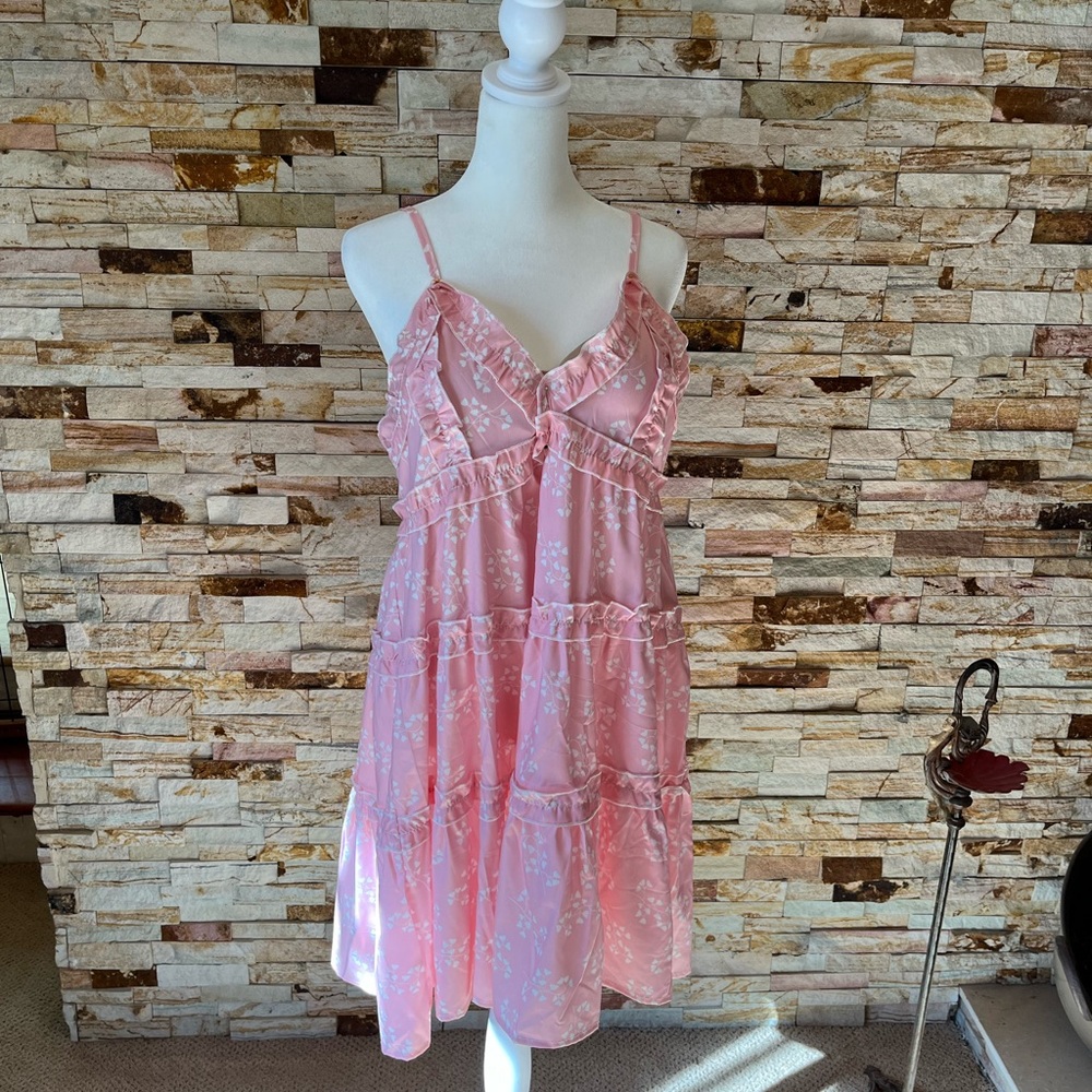 Pink and White Ruffle V Neck Resort Babydoll Dress-SIZE LARGE